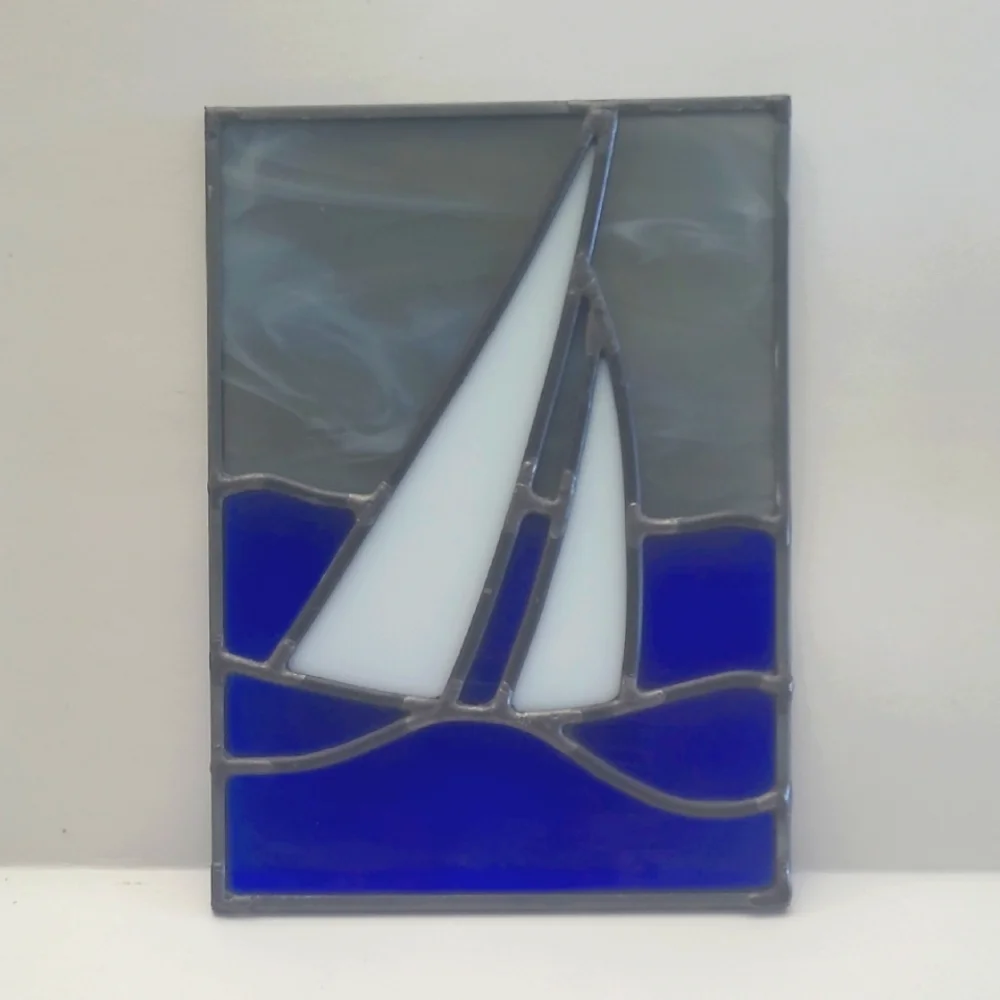 Stained Glass Sailboat Art in Blue and Gray - Picture 1 of 4